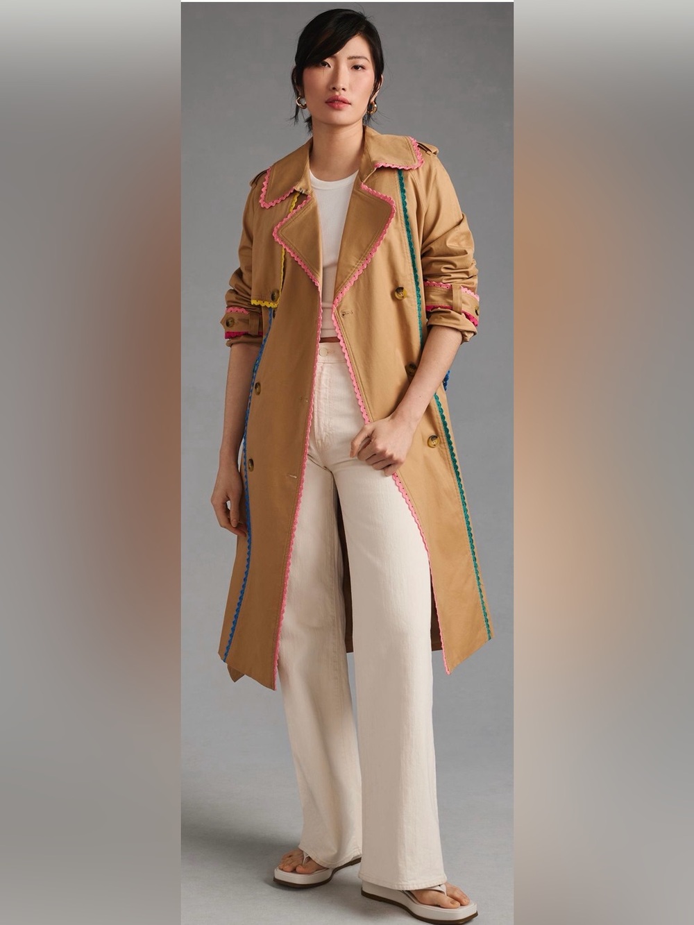 7 For All Mankind Tan Trench Coat with Colorful Trim